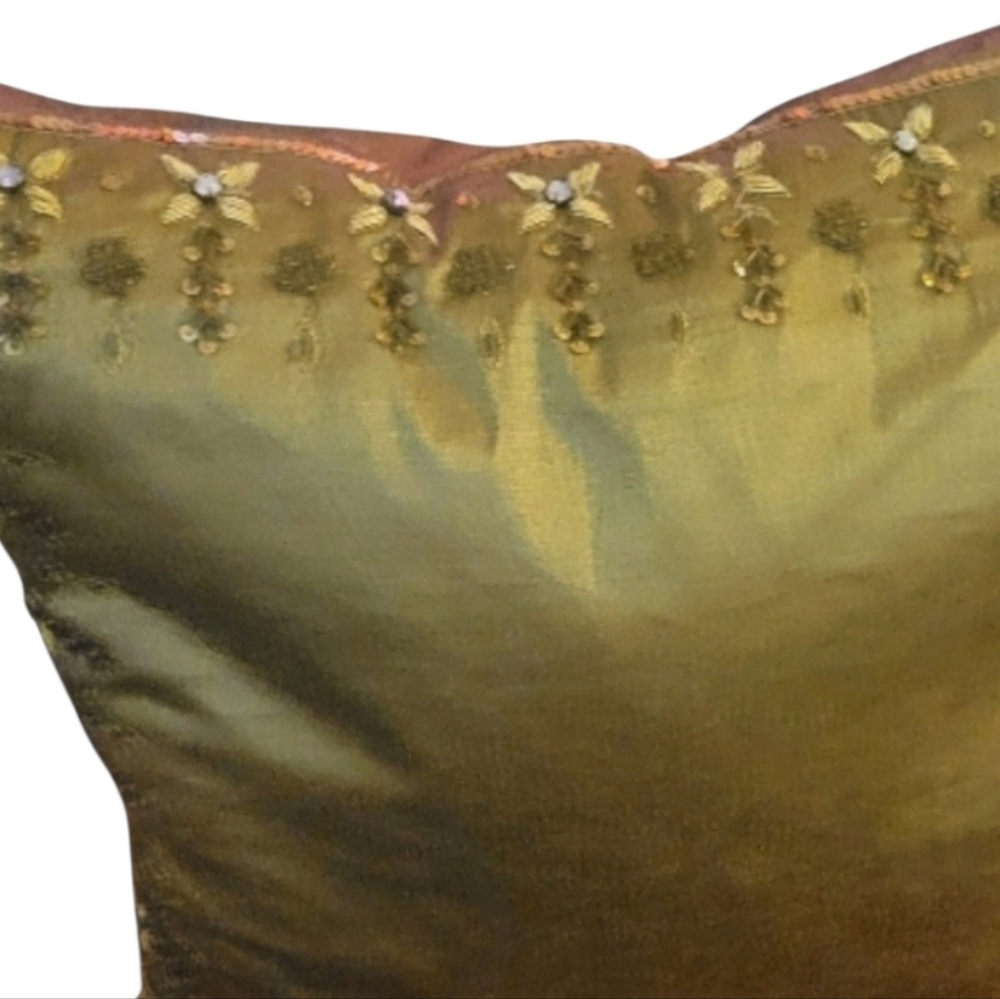 VTG Pillow Embellished Gold Fabric Beaded Pattern Sequence India 1990, 17" X 17" - Picture 3 of 11